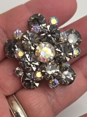 Vintage Smoky Grey & Aurora Borealis Rhinestone Tiered Dome Brooch Pin